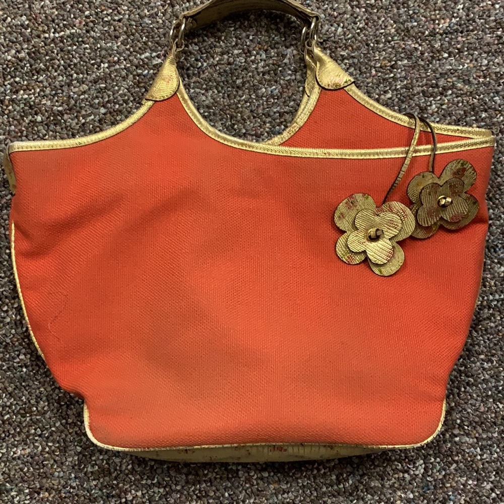 Gold Leather Orange Fabric MAXX Handbag. Loads -GORGEOUS!! No Damage!